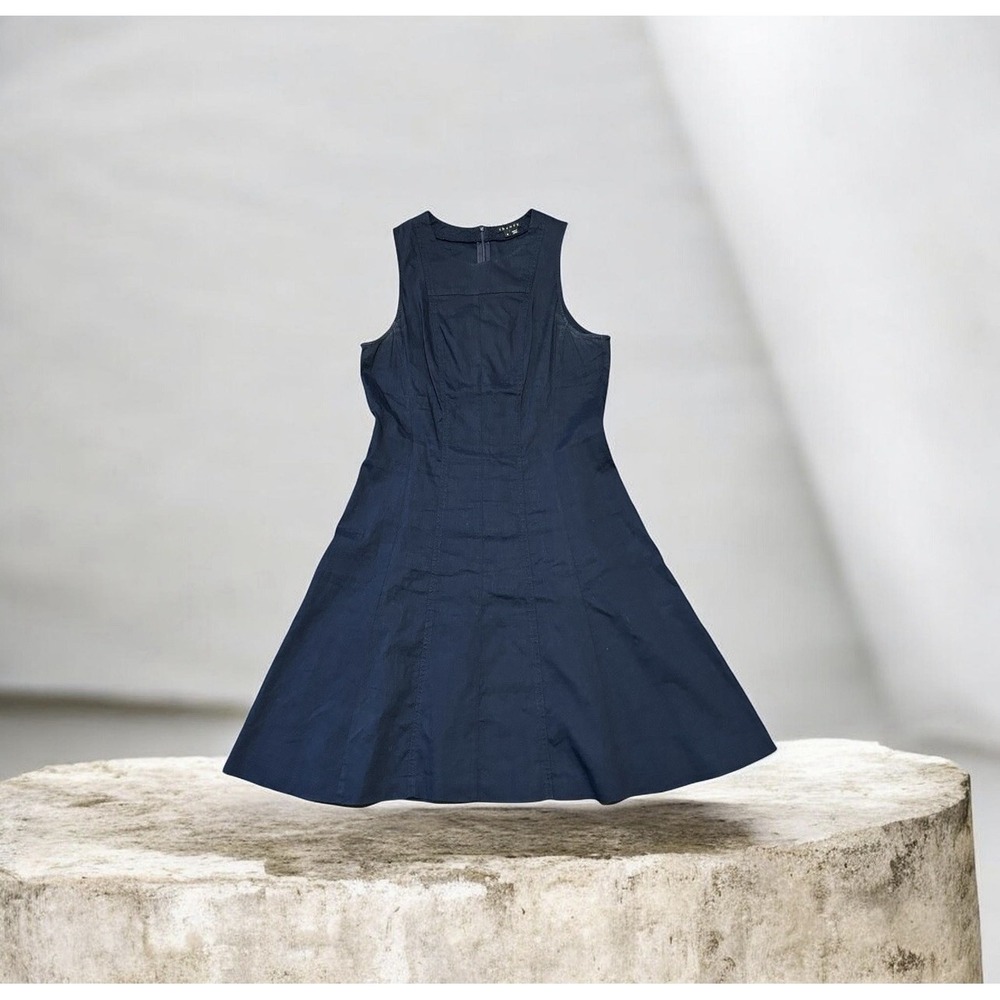 Theory Navy A-Line Mini Dress Linen Blend Sleeveless Fit Flare Size 6 Chic - Picture 2 of 5